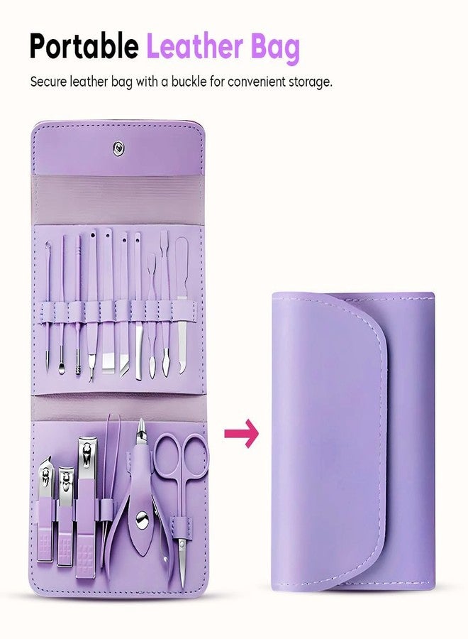 Feinerman 16-Piece Manicure Pedicure Kit, Stainless Steel Nail Clippers Set for Men & Women, Complete Nail Care & Grooming Kit for Home, Travel & Facial Care (Purple) - Image 3