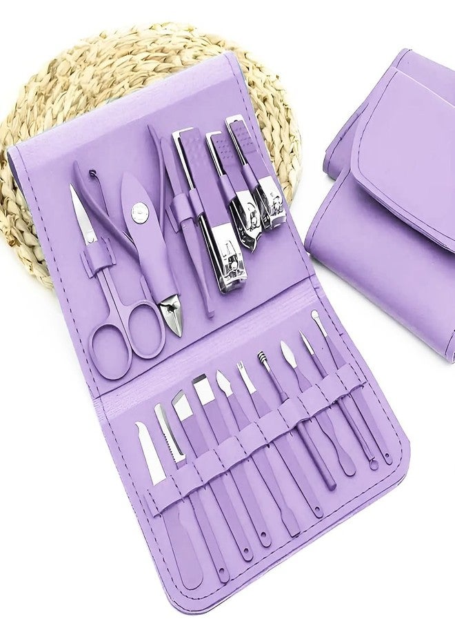 Feinerman 16-Piece Manicure Pedicure Kit, Stainless Steel Nail Clippers Set for Men & Women, Complete Nail Care & Grooming Kit for Home, Travel & Facial Care (Purple) - Image 1
