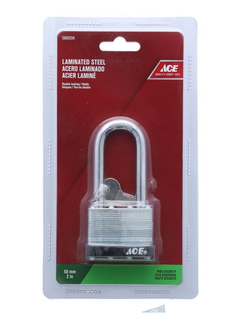 ACE Ace Laminated Steel Padlock With Key Silver And Black 2Inch