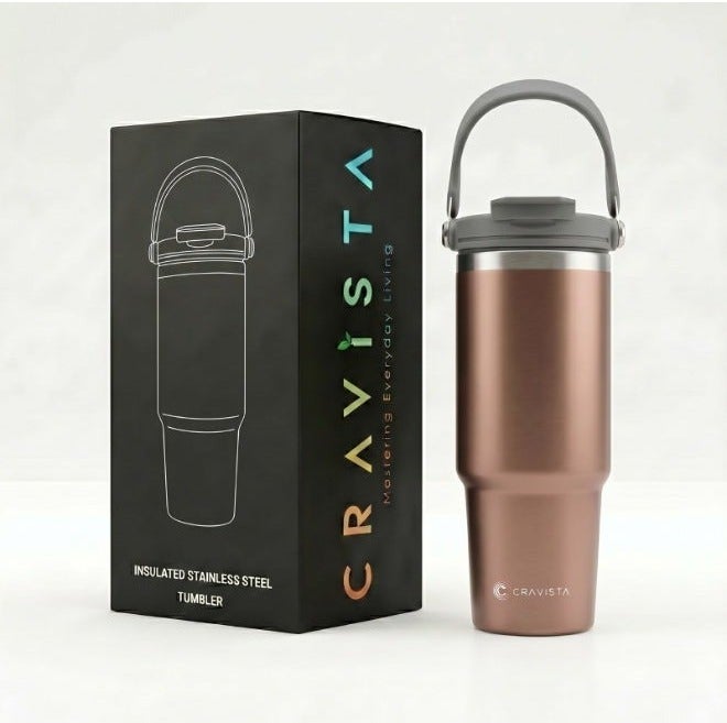 CRAVISTA 900ml Vacuum Insulated Cup – Stainless Steel Double Wall Travel Tumbler for Men, Women, Girls, Boys with Handle & Lid | Hot & Cold Flask Water Bottle for Office, Car, Gym, Outdoor (Copper) - Image 1