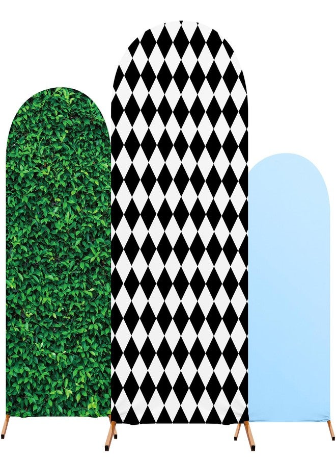 RimCereal 3 Set Wonderland Tea Party Spandex Arch Cover Backdrops Wonderland Tea Party Photo Background Checkered Grass Arch Stand Cover Photo Props for Baby Shower Birthday Decoration - Image 1