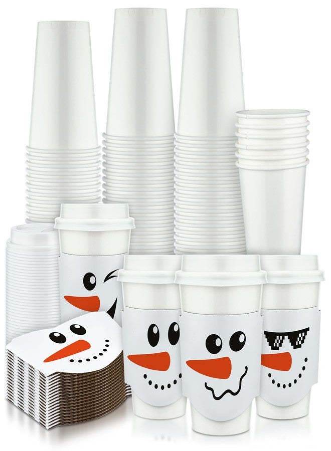 Ziliny 100 Pack 12 oz Christmas Disposable Paper Cups with Lids and Coffee Cup Sleeves Xmas Chocolate Cups Holiday Coffee Cups Snowman Paper Cups for Hot Cold Drinks Beverage Party Supplies - Image 1