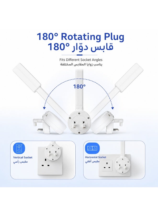 موسع مقبس كهرباء قابل للتمديد مع منفذي AC ومنفذ USB-C ومنفذ USB-A، قابس بريطاني دوار 180 درجة، امتداد قابل للتعديل 49.5-71.5 سم للاستخدام بجانب السرير والمكتب وخلف الأثاث، أبيض - Image 4