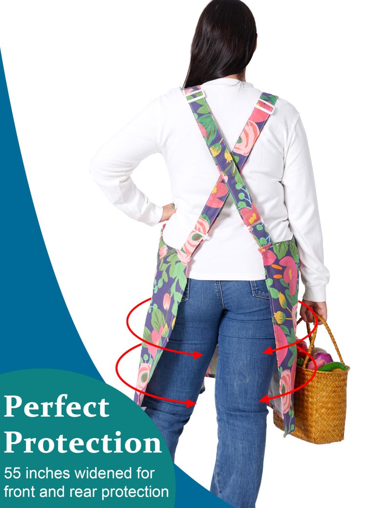 VIKIDEER Comfortable Huge Plus Size Aprons for Women Adjustable Cross Back Floral Cotton Linen Aprons Blooming Tulips - Image 2