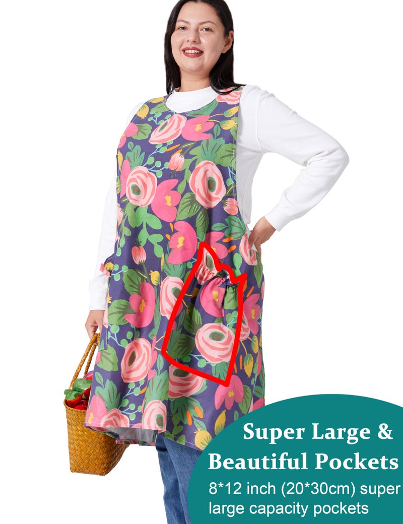 VIKIDEER Comfortable Huge Plus Size Aprons for Women Adjustable Cross Back Floral Cotton Linen Aprons Blooming Tulips - Image 3