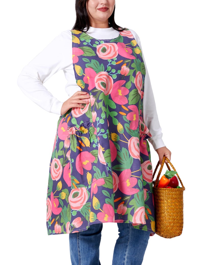 VIKIDEER Comfortable Huge Plus Size Aprons for Women Adjustable Cross Back Floral Cotton Linen Aprons Blooming Tulips - Image 1