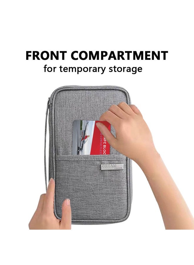 GUSGU Travel Document Organizer, Family Passport Holder with Handle, Premium Travel  Wallet for Women and Men, Portable & Foldable Case for Cards, Boarding Pass, ID, Money, Tickets with Zipper Grey - Image 2