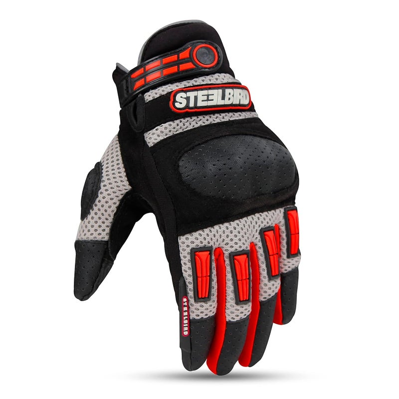 Steelbird Polyester Adventure A-1 Full Finger Riding Gloves With Touch Screen Sensitivity At Thumb & Index Finger, Protective Off-Road Motorbike Racing (L, Red, Cycling) - Image 1