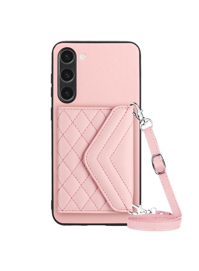 erorex For Samsung Galaxy S23+ 5G Rhombic Texture Card Bag RFID Phone Case with Long Lanyard(Rose Gold)