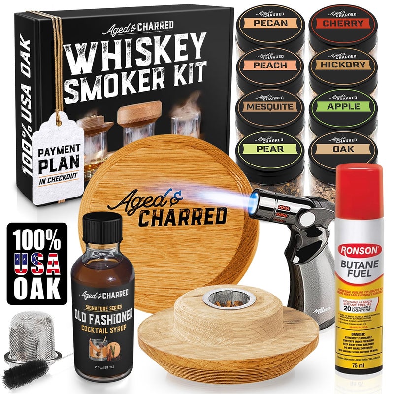 Aged & Charred Whiskey Smoker Kit with Torch and Butane and Old Fashioned Syrup - 8 Flavors Wood Chips, 100% USA Oak, High-End Set - Old Fashioned Bourbon Cocktail Smoker Kit Gift for Men Dad - Image 1