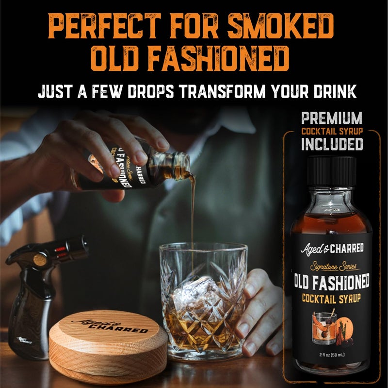 Aged & Charred Whiskey Smoker Kit with Torch and Butane and Old Fashioned Syrup - 8 Flavors Wood Chips, 100% USA Oak, High-End Set - Old Fashioned Bourbon Cocktail Smoker Kit Gift for Men Dad - Image 2
