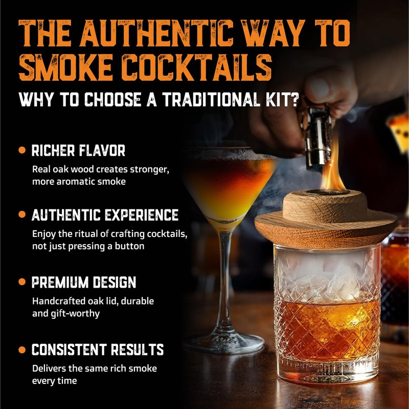Aged & Charred Whiskey Smoker Kit with Torch and Butane and Old Fashioned Syrup - 8 Flavors Wood Chips, 100% USA Oak, High-End Set - Old Fashioned Bourbon Cocktail Smoker Kit Gift for Men Dad - Image 3