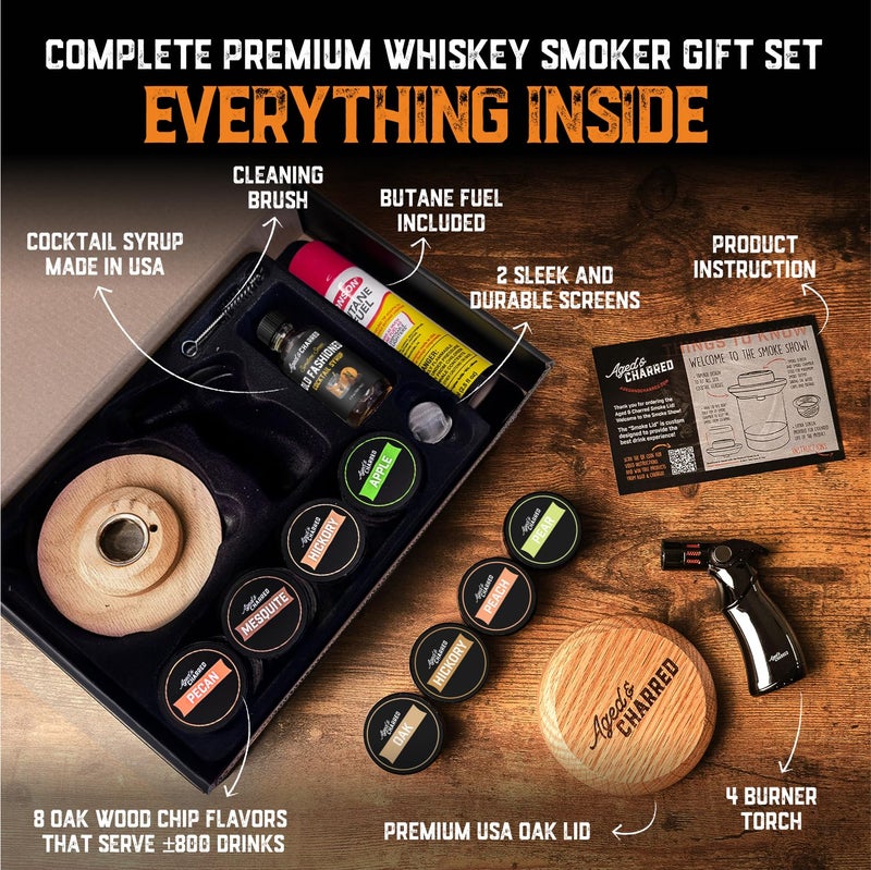 Aged & Charred Whiskey Smoker Kit with Torch and Butane and Old Fashioned Syrup - 8 Flavors Wood Chips, 100% USA Oak, High-End Set - Old Fashioned Bourbon Cocktail Smoker Kit Gift for Men Dad - Image 4