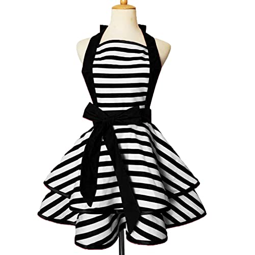 Violet Mist Cute Lovely Retro Apron for Women Girls Ladies - Sexy Vintage Black Striped 50s Apron for Christmas, Kitchen, Cooking, Mother's Gift - Image 1