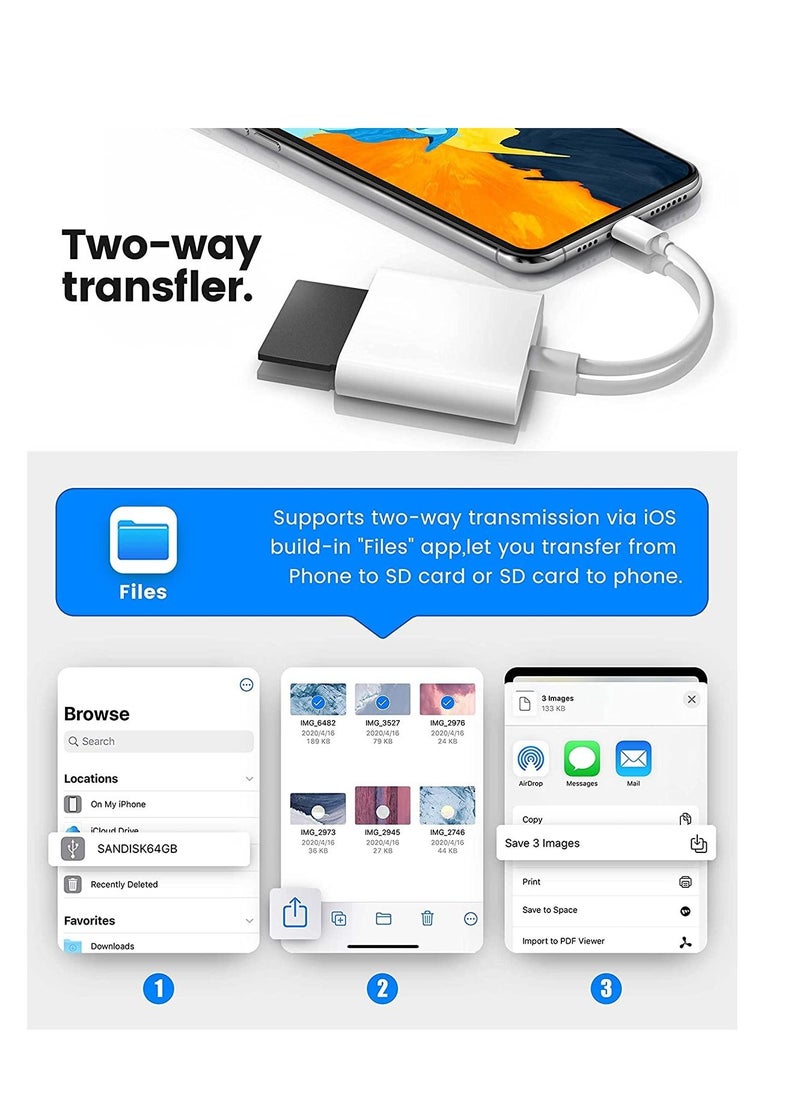 SD Card Reader for iPhone iPad  Micro SD Card Reader with Dual Slots Compatible with iPhone Trail Camera Viewer Reader Plug and Play White