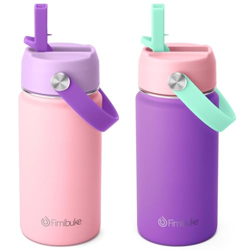 Fimibuke Kids Insulated Water Bottle 14oz BPAFREE 188 Stainless Steel Travel Tumbler Leak Proof Double Wall Vacuum Kids Cup with Straw Metal Water Bottle for School Boys Girls2 Pack Macaron