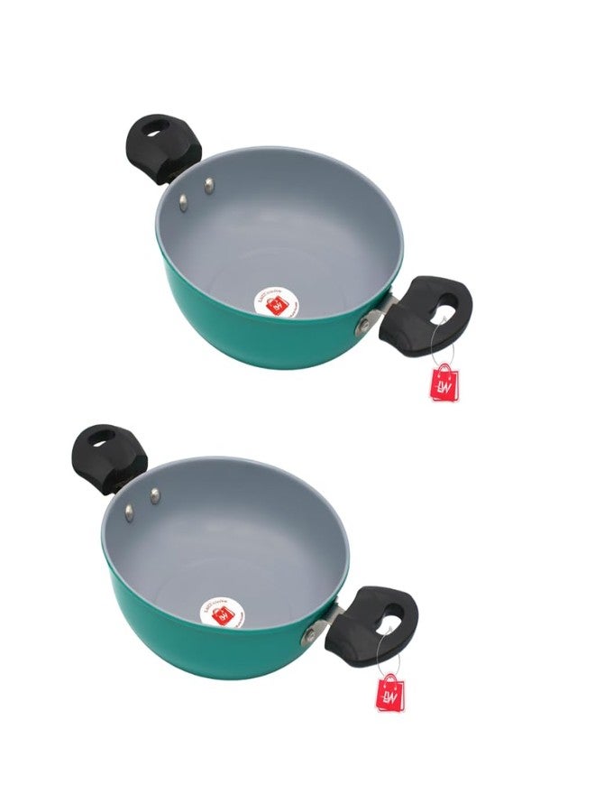 LAZYwindow Elite 26.5cm Large Nonstick Kadhai Set of 2 | 760g Durable Deep Fry Pan | Scratch-Resistant & Easy to Clean | Seafoam Green - Image 1