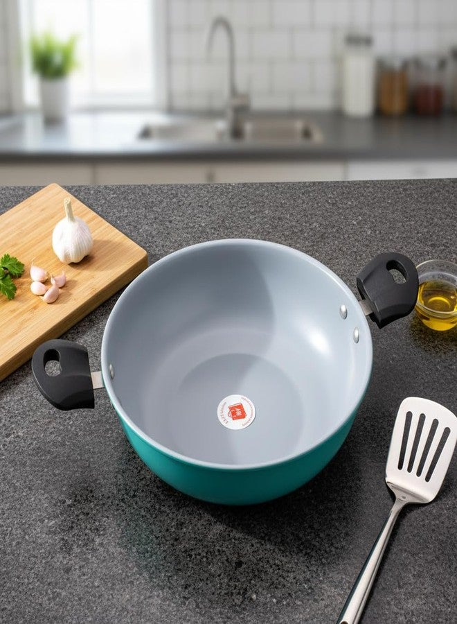 LAZYwindow Elite 26.5cm Large Nonstick Kadhai Set of 2 | 760g Durable Deep Fry Pan | Scratch-Resistant & Easy to Clean | Seafoam Green - Image 3