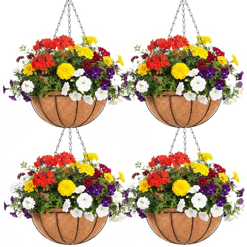 EIMQUVW Outdoor Metal Hanging Planters Basket 4pack 8 inch Hanging Baskets for Plants Chain Round Wire Plant Holder with Coco Fiber Liners for Garden Patio Deck Porch - Image 1