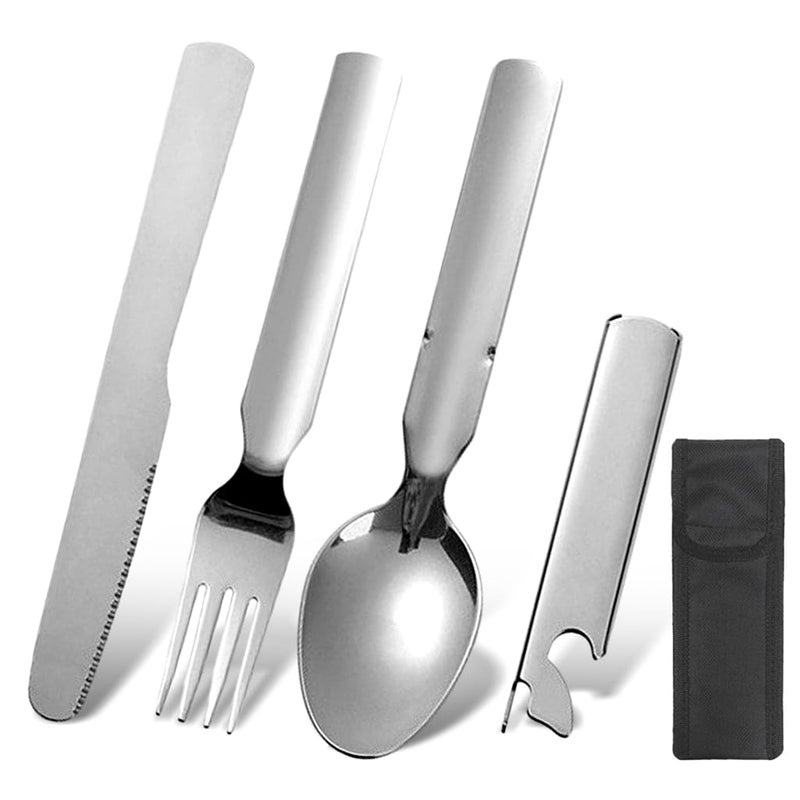 SUPVOX Supvox Portable Flatware Silvery Camping Stainless Steel Outdoor Tableware Set Travel Portable Fork Spoon Bottle Opener 4 in 1 MultiFunctional Dinning Cutlery  - Image 1