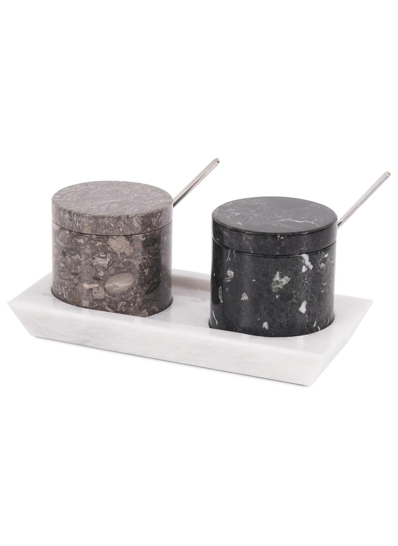 RADICALn Radicaln Marble Salt Cellar with Lid and Tray 3'' Inches Oceanic and Balck Handmade Salt Container Ideal Salt Box Spice Jar & Salt Holder For Counter Modern Salt Dish With Lid & Stone Salt Holder  - Image 1