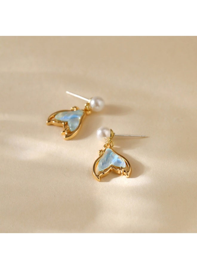NOORISH 1 Pair Mermaid Fish Tail Earrings, S925 Silver Post with ABS Pearl, Ocean Inspired Drop Earrings for Women, Tarnish Resistant DIY Jewelry Gift - Image 2