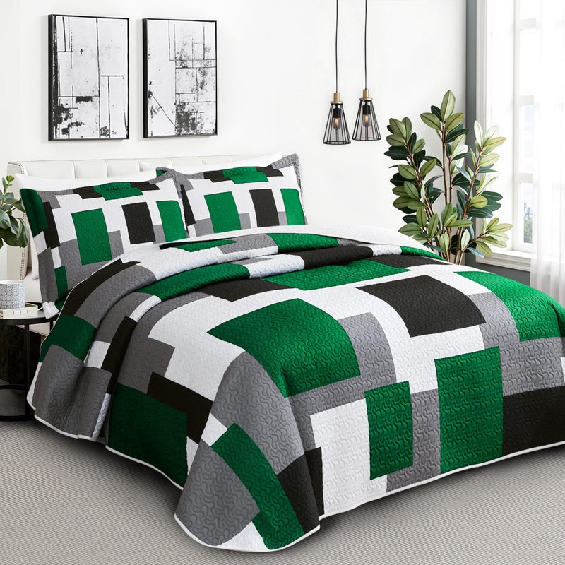 Tyrot 3 Piece Green Quilt Set Full/Queen Size Christmas Green Black Geometric Reversible Bedding Set Microfiber Lightweight Bedspread Coverlet with 2 Shams Modern Bed Cover for All Season, 90''x96'' - Image 2