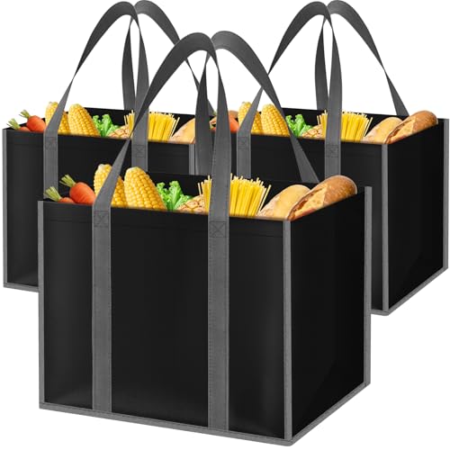 SpaceWhisper Reusable Grocery Bags with Long Handles 3 Pack Multipurpose Shopping Bags for Groceries Foldable Grocery Totes Resist Water Stains for Kitchen Car Trunk Picnic Black - Image 1