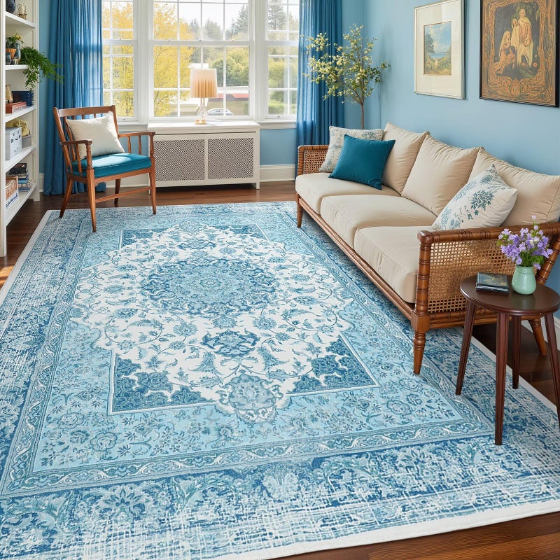 Macgace 5x7 Area Rug for Bedroom, Machine Washable Rugs with Non-Slip Backing for Living Room, Soft Vintage Carpet Kitchen Laundry Kids Room Decor, Celestial Blue - Image 2