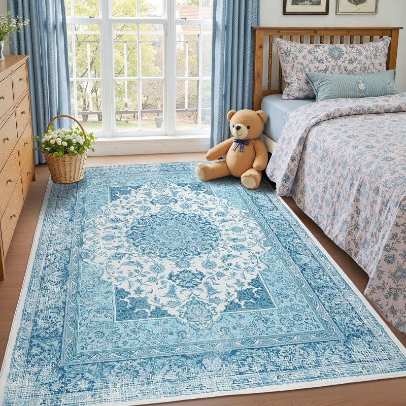 Macgace 5x7 Area Rug for Bedroom, Machine Washable Rugs with Non-Slip Backing for Living Room, Soft Vintage Carpet Kitchen Laundry Kids Room Decor, Celestial Blue - Image 1