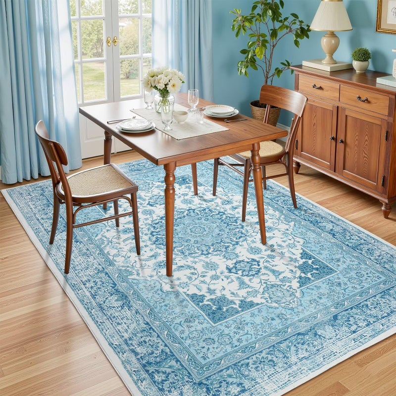 Macgace 5x7 Area Rug for Bedroom, Machine Washable Rugs with Non-Slip Backing for Living Room, Soft Vintage Carpet Kitchen Laundry Kids Room Decor, Celestial Blue - Image 3