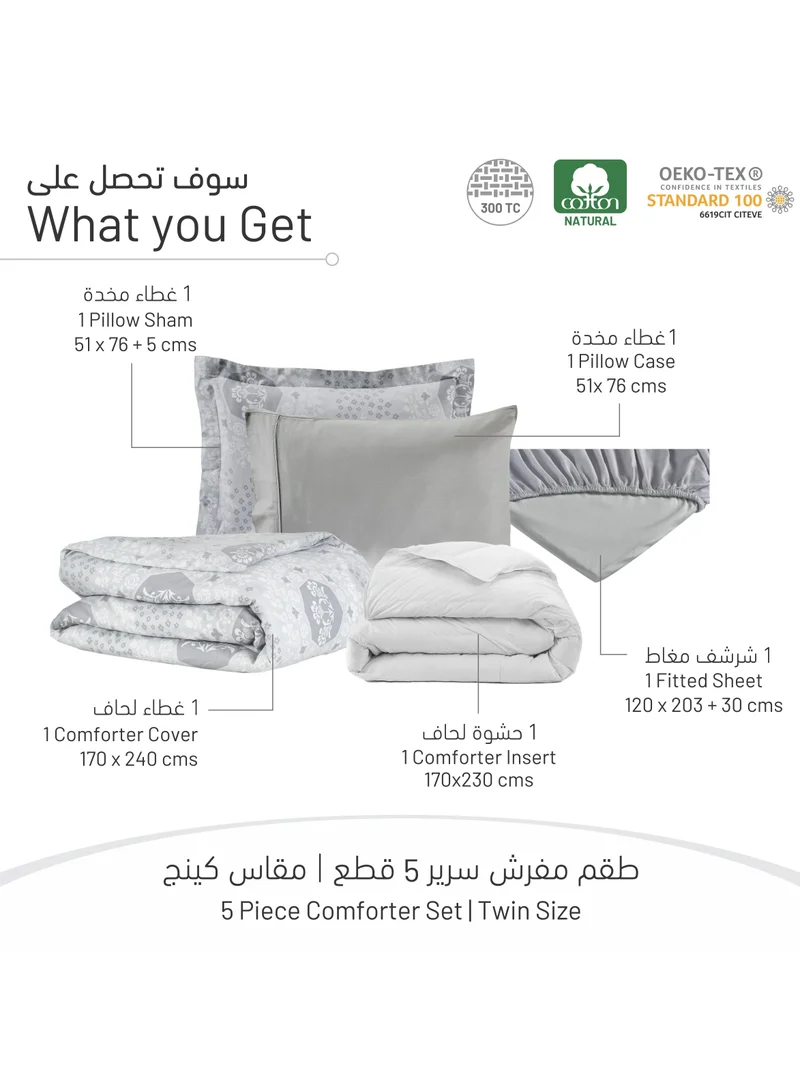 Donetella 5-Piece Cotton Comforter Set With Removable Filler Single Size 170x230 Cm Silver Grey