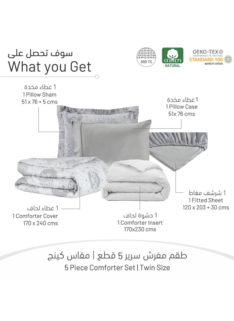 Donetella 5-Piece Cotton Comforter Set With Removable Filler Single Size 170x230 Cm Silver Grey  - Image 2