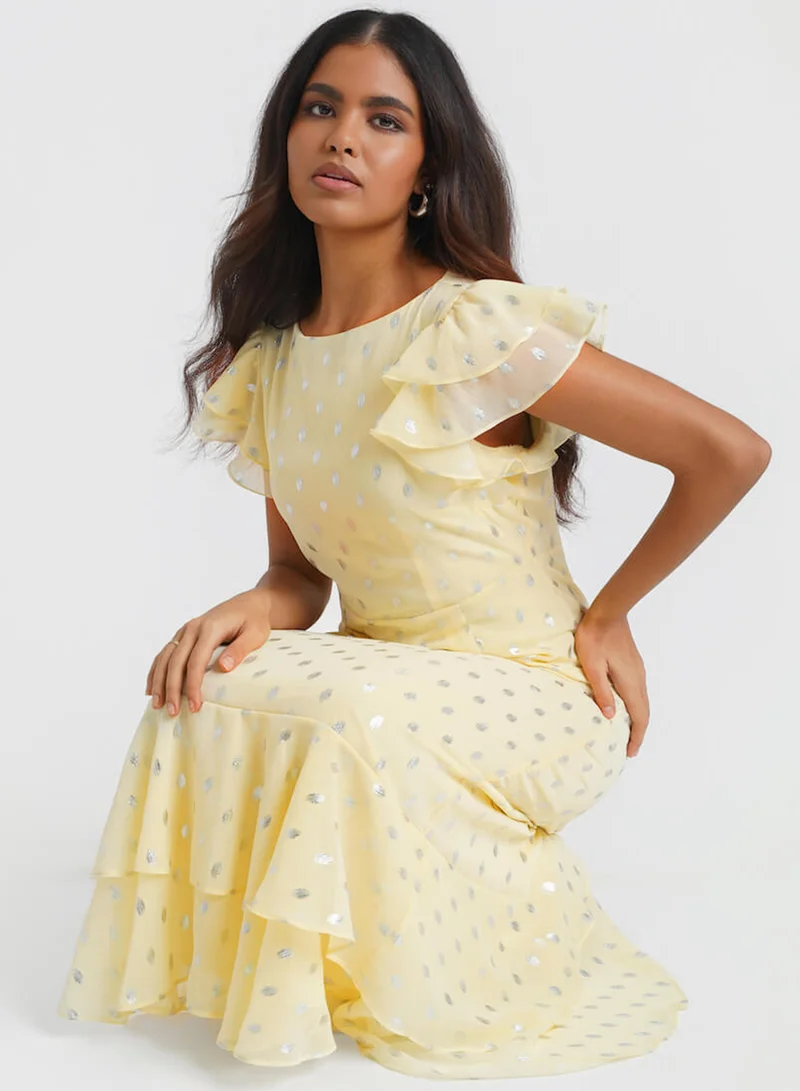 نيدز نو ليبل Lemon Flutter Sleeve Foil Maxi Dress