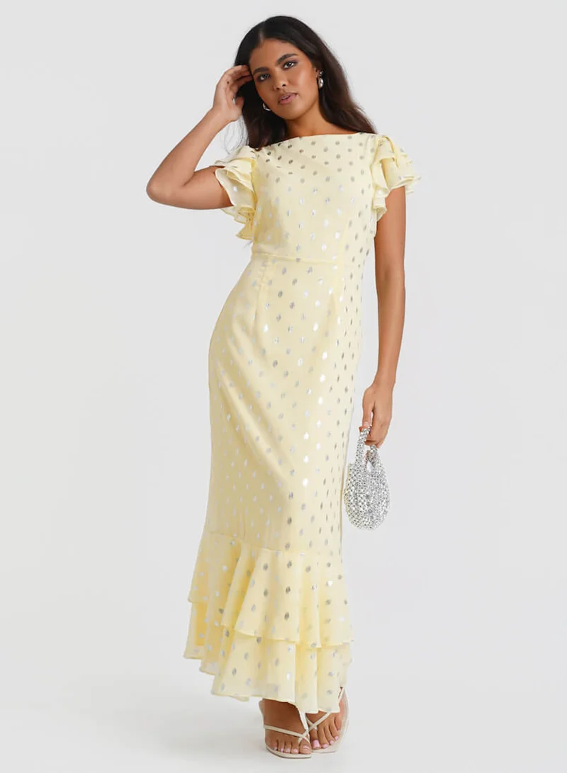 Lemon Flutter Sleeve Foil Maxi Dress