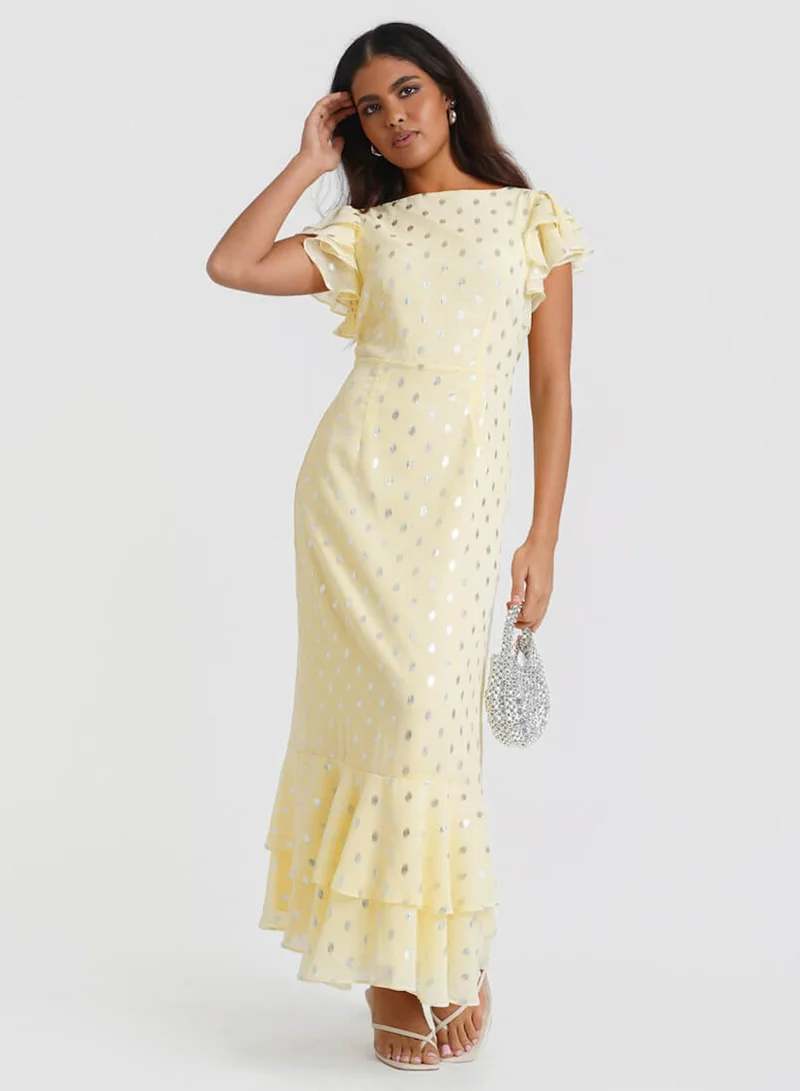 Needs No Label Lemon Flutter Sleeve Foil Maxi Dress