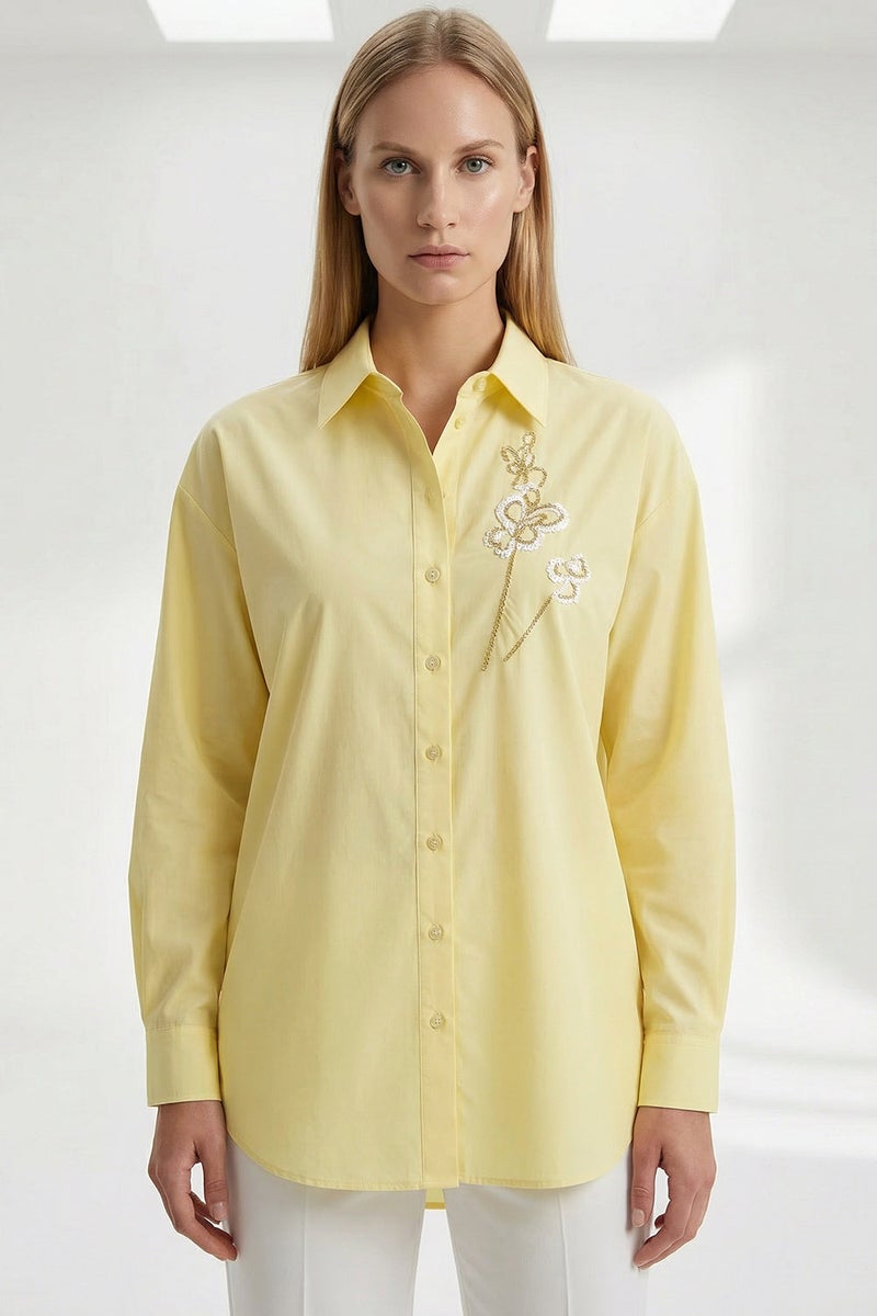 EXQUISE Shirt Collar Long Sleeved Cuffed Embroidered Regular Light Yellow Shirt - Image 2