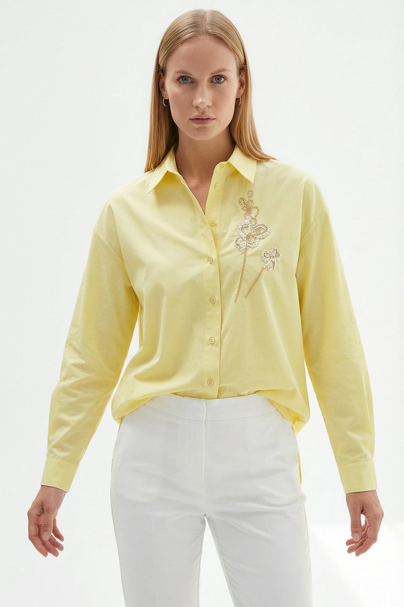EXQUISE Shirt Collar Long Sleeved Cuffed Embroidered Regular Light Yellow Shirt - Image 4