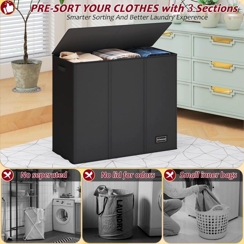 Vincona 195L Laundry Hamper 3 Section,Large Laundry Hamper with Lid,Dirty Clothes Hamper with 3 Inner Bags,Collapsible Laundry Basket Organizer for Laundry Room,Bedroom,Laundry Sorter Hamper 3 Compartment - Image 3