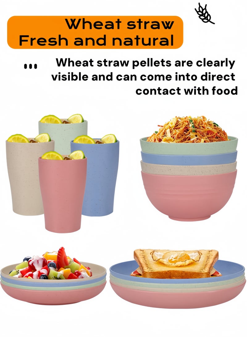nihao طقم عشاء مكون من 32 قطعة، أطباق من قش القمح، أكواب، أدوات مائدة، خدمة لـ 8 أشخاص، أطباق عشاء، طبق حلوى، أطباق حبوب، أكواب، أدوات مائدة بلاستيكية ملونة غير قابلة للكسر، مناسبة للتخييم في الهواء الطلق، متعددة الألوان الساحلية - Image 3