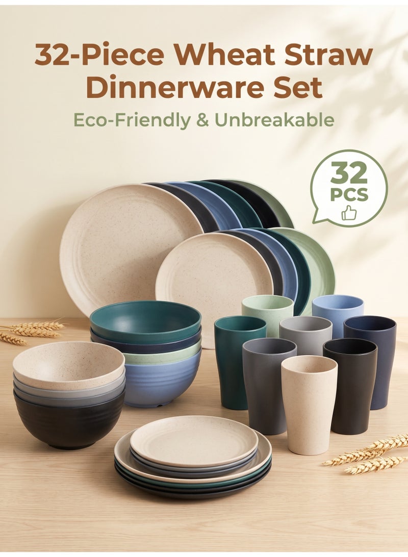 nihao 32-piece Dinner Set, Wheat Straw Bowls, Plates, Cups Dinnerware Set ,  Service for 8, Dinner Plates, Dessert Plate, Cereal Bowls, Cups, Unbreakable Colorful Plastic Outdoor Camping Dishes, Coastal Multicolor - Image 1