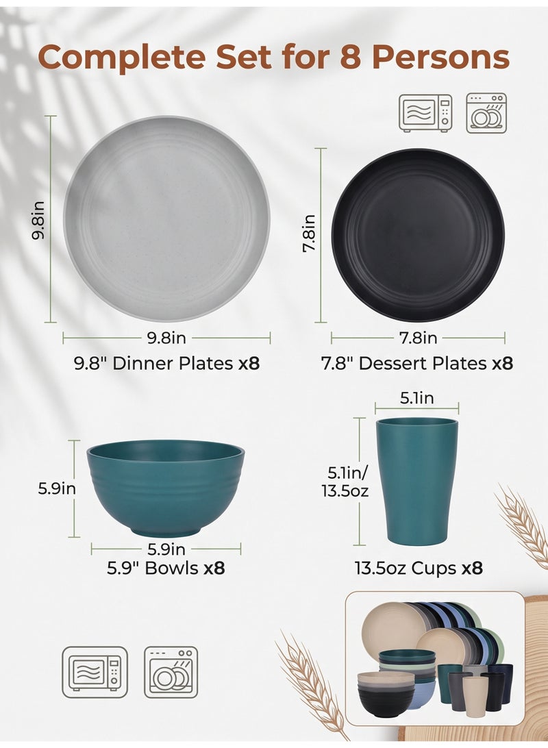 nihao 32-piece Dinner Set, Wheat Straw Bowls, Plates, Cups Dinnerware Set ,  Service for 8, Dinner Plates, Dessert Plate, Cereal Bowls, Cups, Unbreakable Colorful Plastic Outdoor Camping Dishes, Coastal Multicolor - Image 4