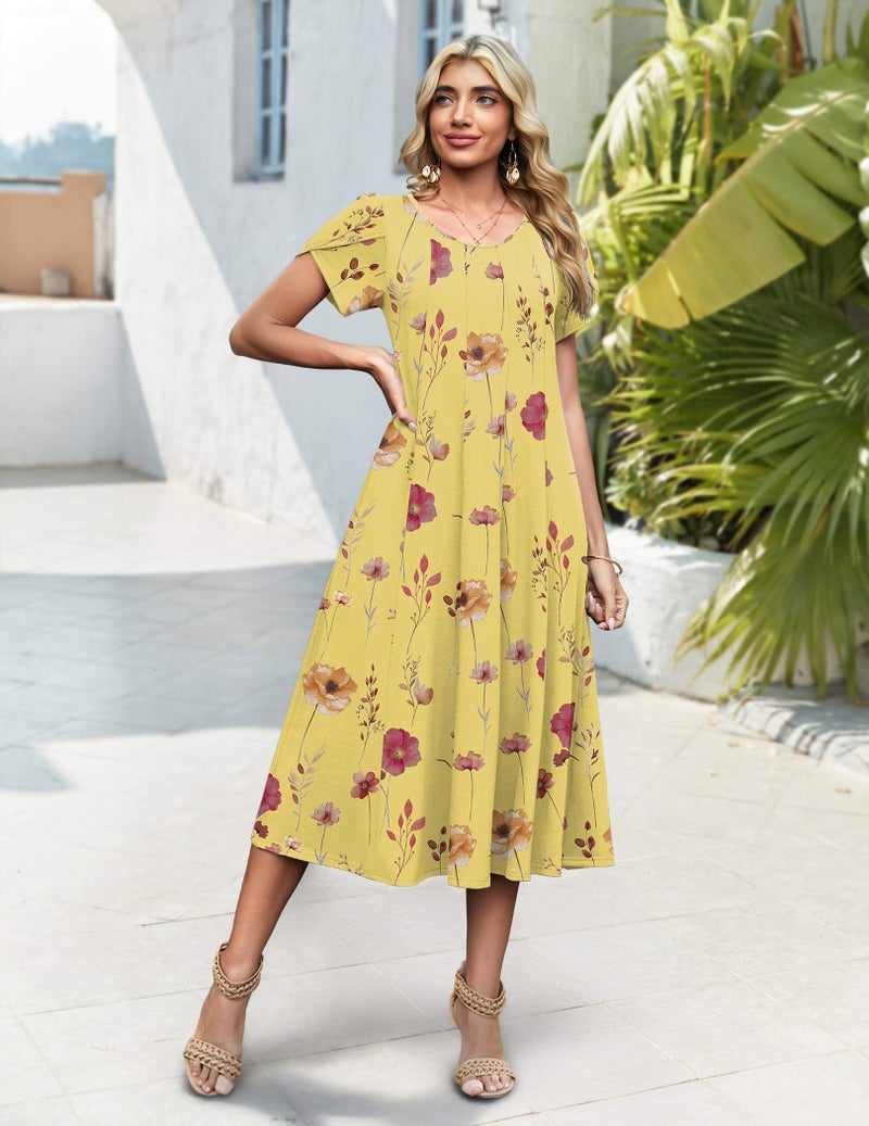 HOTOUCH Plus Size Spring Dress for Women Short Sleeve Flare Midi Dress Women Bohos Summer Dresses 2026 Floral Sundress, Yellow Floral,3XL - Image 2