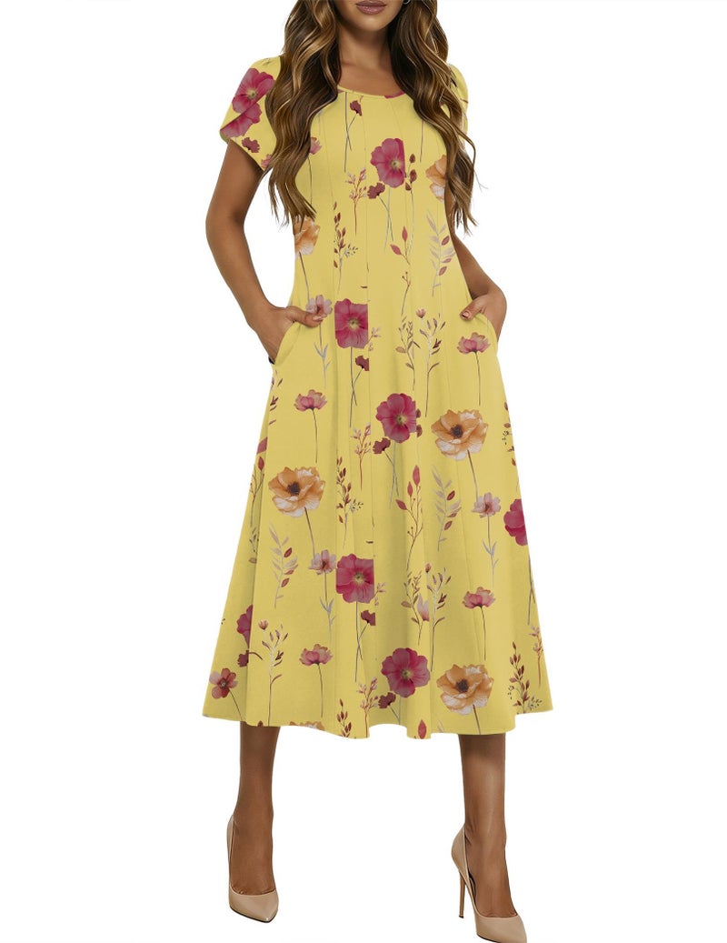 HOTOUCH Plus Size Spring Dress for Women Short Sleeve Flare Midi Dress Women Bohos Summer Dresses 2026 Floral Sundress, Yellow Floral,3XL - Image 1