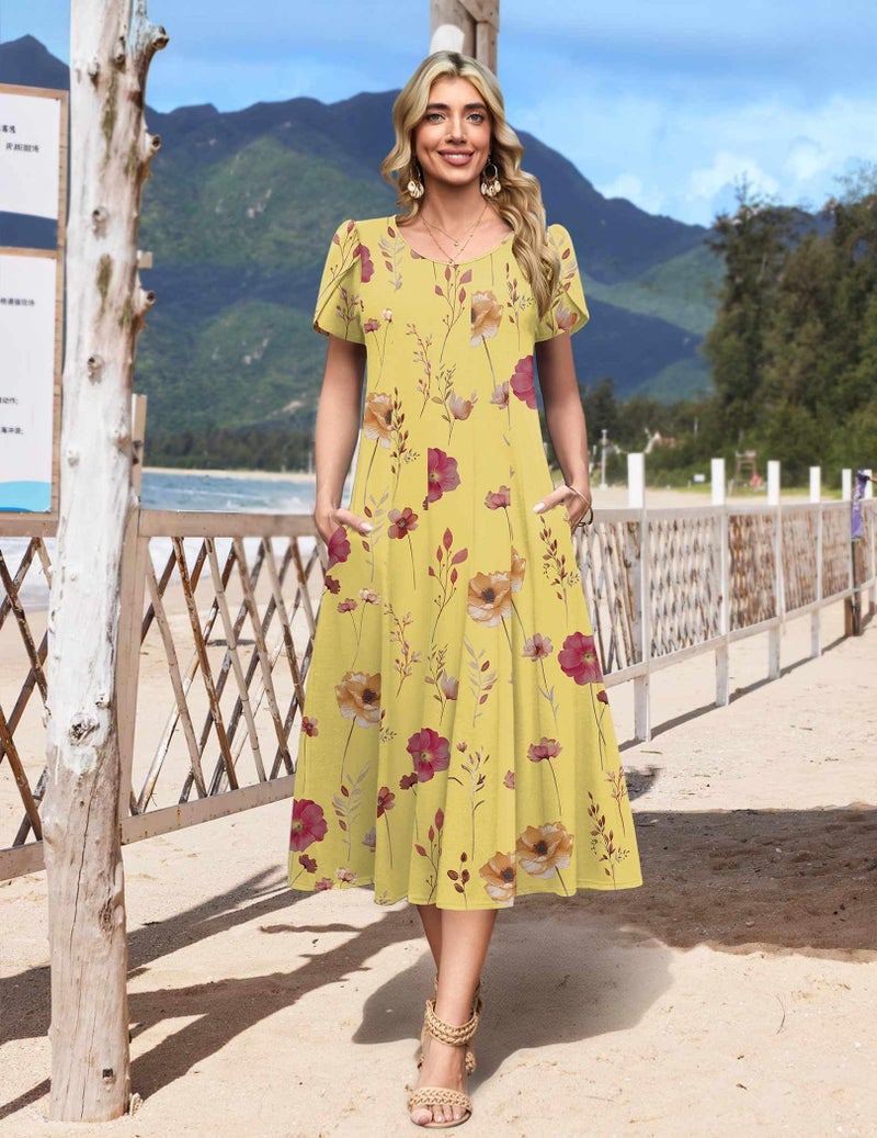 HOTOUCH Plus Size Spring Dress for Women Short Sleeve Flare Midi Dress Women Bohos Summer Dresses 2026 Floral Sundress, Yellow Floral,3XL - Image 3