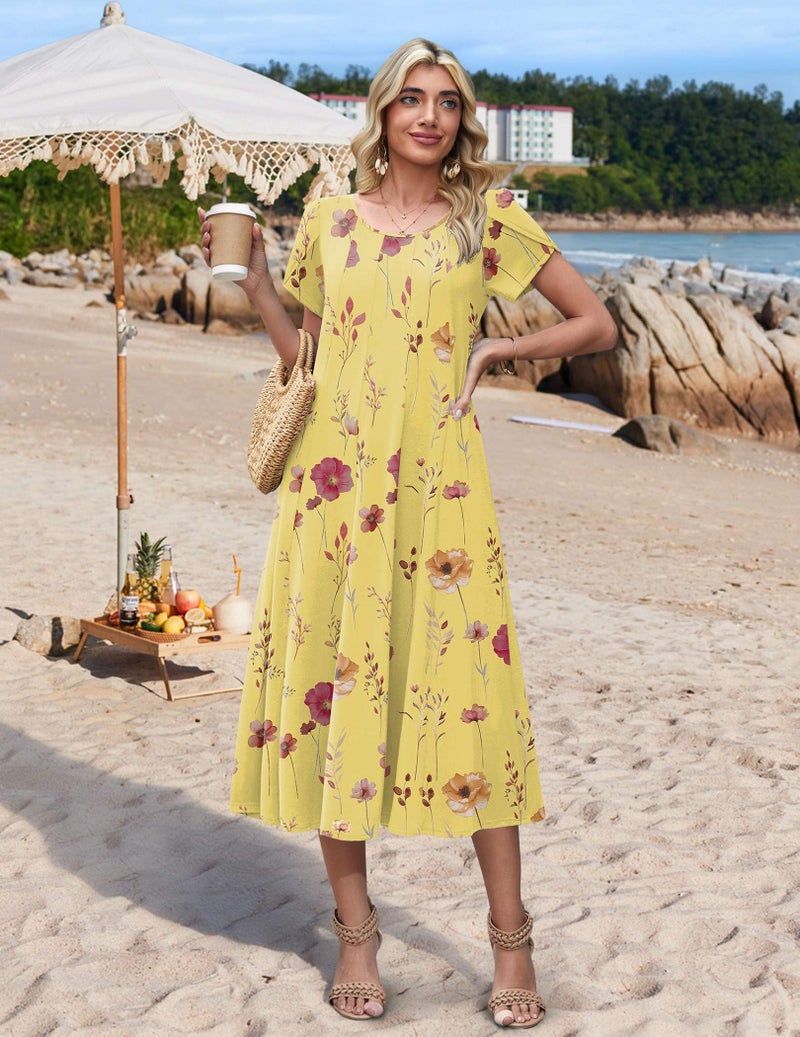 HOTOUCH Plus Size Spring Dress for Women Short Sleeve Flare Midi Dress Women Bohos Summer Dresses 2026 Floral Sundress, Yellow Floral,3XL - Image 4