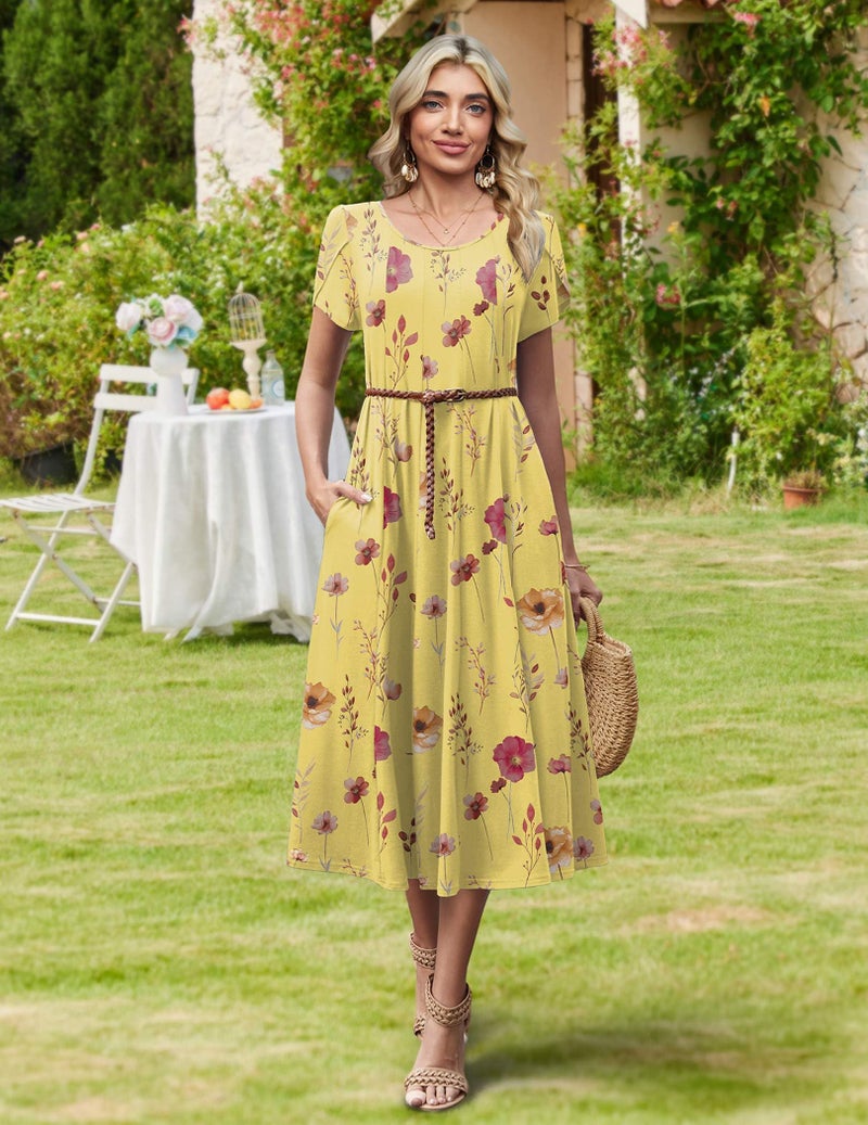 HOTOUCH Plus Size Spring Dress for Women Short Sleeve Flare Midi Dress Women Bohos Summer Dresses 2026 Floral Sundress, Yellow Floral,3XL - Image 5