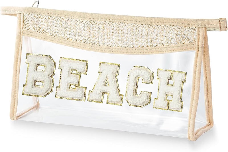 Newplenty Clear Boho Patch Makeup Bag, Letter BEACH Cosmetic Bag, Transparent Travel Toiletry Bag, Waterproof Snacks Bag, Zipper Sunscreen Bag Gift for Women Girls (Beach) 