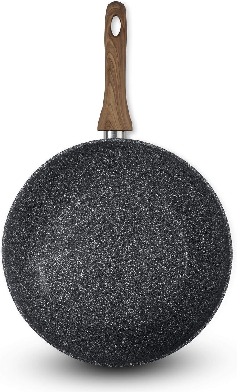 Homeway - 28cm 5 Layer Non-stick Marble Coated Wok Pan with 3mm Thickness, Forged Construction, Soft Touch Wooden Handle, Induction Friendly, Grey - HW3417 - Image 3