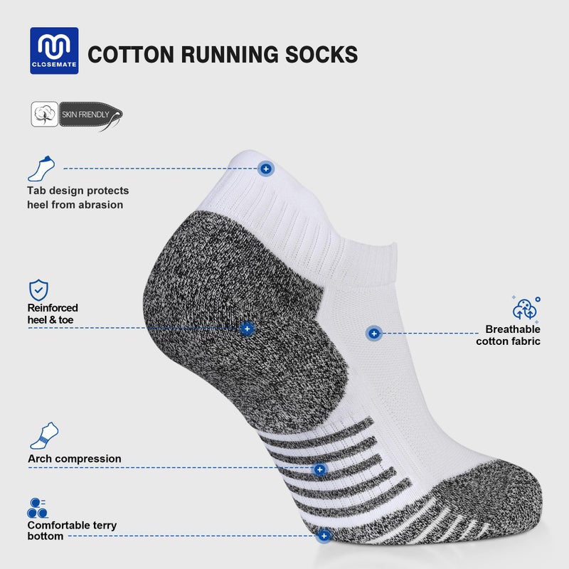 CLOSEMATE Mens Ankle Athletic Running Socks Cushioned Anti-Blister Low Cut for Sports 6 Pairs(6White, Size L) - Image 3